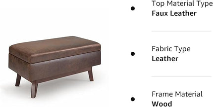 SIMPLIHOME Owen 36 Inch Wide Mid Century Modern Rectangle Small Rectangular Storage Ottoman in Distressed Chestnut Brown Faux Leather, For the Living Room, Entryway and Family Room - LeafyLoom