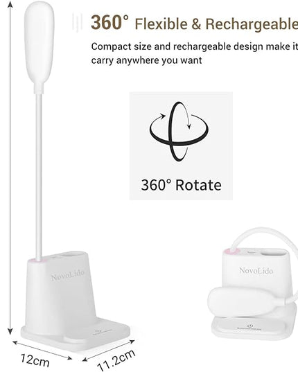 LED Desk Lamp, NovoLido Rechargeable Lamp with USB Charging Port/Pen Holder/Phone Holder, Small Study Cute for Kids/Home/Office/Dorm, Flexible Portable Bedside Table Reading (White) - LeafyLoom