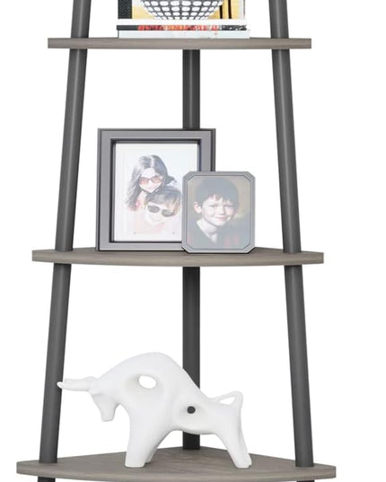 5-Tier Industrial Corner Shelf, Open Ladder Vintage Corner Bookshelf Stand, Wood and Metal Corner Bookcase, Leaning Modern Book Case for Office Home Living Room Bedroom Bathroom - Oak Gray - LeafyLoom