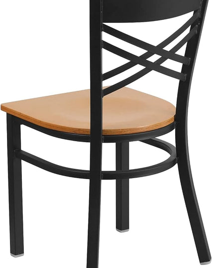 Flash Furniture 2 Pack HERCULES Series Black ''X'' Back Metal Restaurant Chair - Natural Wood Seat - LeafyLoom