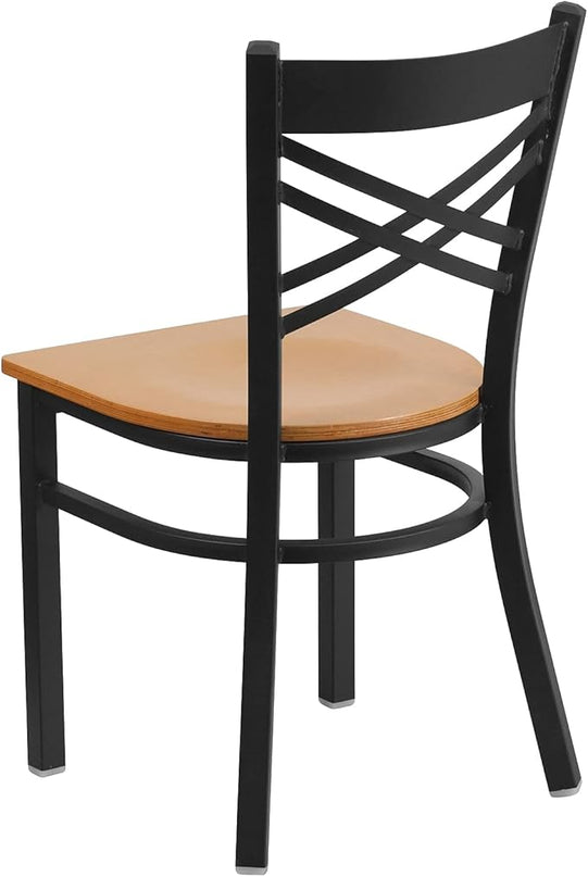 Flash Furniture 2 Pack HERCULES Series Black ''X'' Back Metal Restaurant Chair - Natural Wood Seat - LeafyLoom