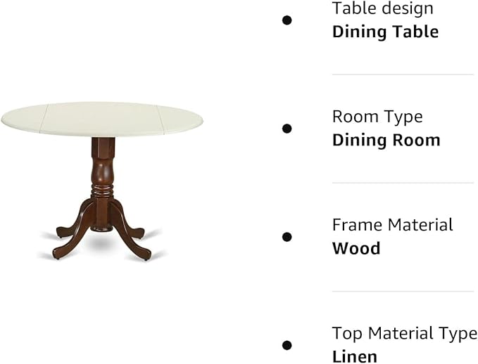 East West Furniture DLT-LMA-TP Dublin Modern Kitchen Table - a Round Dining Table Top with Dropleaf & Pedestal Base, 42x42 Inch, Linen White & Mahogany - LeafyLoom