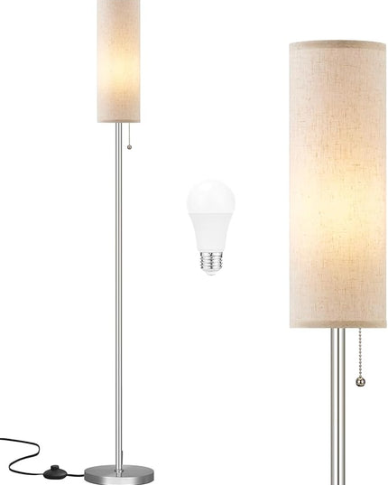 Ambimall Floor Lamp for Living Room with 3 Color Temperatures Bulb, 64" Standing lamp with Linen lampshade for Bedroom, Minimalist Pole Lamp, Beige Shade & Silver Pole - LeafyLoom