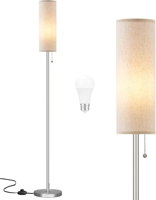 Ambimall Floor Lamp for Living Room with 3 Color Temperatures Bulb, 64" Standing lamp with Linen lampshade for Bedroom, Minimalist Pole Lamp, Beige Shade & Silver Pole - LeafyLoom