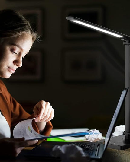 Desk Lamp Eye-Caring LED Table Lamp Dimmable Bedside Lamp with 2 USB Charging Ports and 10 Brightness Levels x 5 Colour Modes Touch Control Daylight Lamp for Office, Bedside, Reading- Auto Timer - LeafyLoom