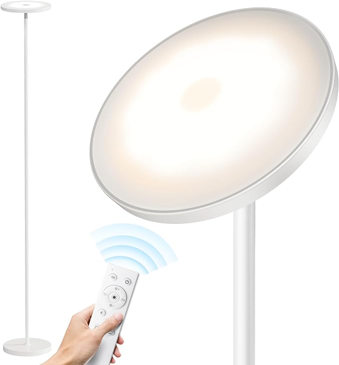 SUNMORY Floor Lamps for Living Room, 32W/3000LM Super Bright LED Floor Lamp with Remote Control, 69" Tall Standing Lamp with Stepless Dimmable, Modern Torchiere Corner Lamp for Bedroom, Office White - LeafyLoom