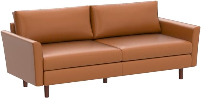 Dreamsir 80'' Faux Leather Sofa Couch, Mid-Century Modern Sofa with Solid Wooden Frame & Padded Cushions, 3-Seater Couch for Living Room, Apartment, Lounge Room (Brown) - LeafyLoom