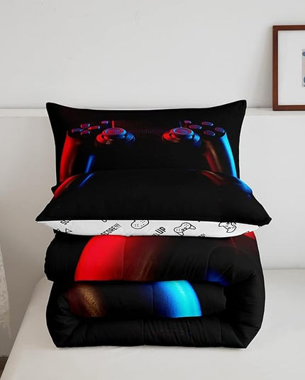 Gamer Comforter Set for Boys Girls Man Gaming Bedding Set,Black Gamepad Home Decor Player Video Game Duvet Insert Teens Kids 3 Pieces 1 Down Comforter with 2 Pieces Pillowcases(Full Size,All Season) - LeafyLoom