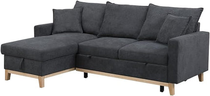 Reversible Sleeper Sectional Sofa with Storage Chaise, Convertible Woven 3 Seater Corner Couch Pull Out Bed, for Living Room Small Space, 84, Dark Gray-1 - LeafyLoom