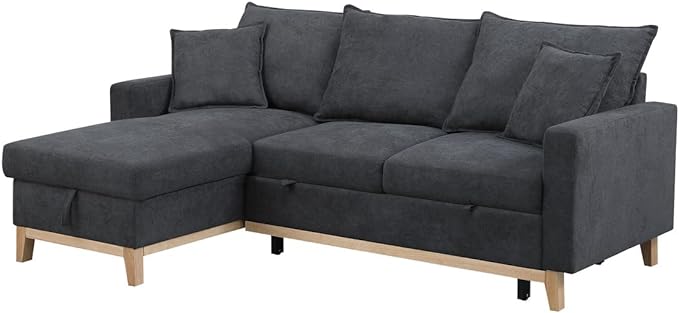 Reversible Sleeper Sectional Sofa with Storage Chaise, Convertible Woven 3 Seater Corner Couch Pull Out Bed, for Living Room Small Space, 84, Dark Gray-1 - LeafyLoom