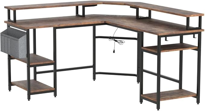 Aheaplus L Shaped Gaming Desk with Power Outlets & LED Lights, Corner Computer Desk with Monitor Stand and Storage Shelf, Home Office Writing Desk with Storage Bag, Rustic Brown - LeafyLoom