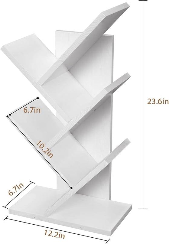 Topfurny Tree Bookshelf, 4-Tier Book Storage Organizer Shelves Floor Standing Bookcase, Wood Storage Rack for Office Home School Shelf Display for Cd/Magazine/Book -White - LeafyLoom