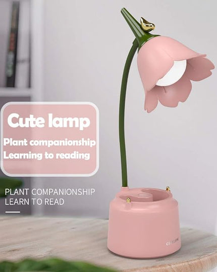 Pink Desk Lamp, Rechargeable LED Lamp with USB Charging Port, Kawaii Desk Accessories, 3 Color Modes & Stepless Dimming, Cute Lamp for College Dorm Bedroom Reading - LeafyLoom