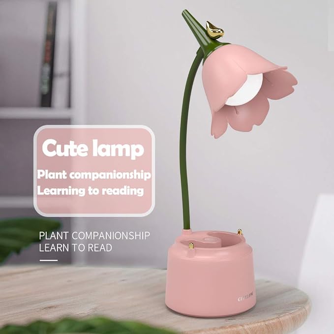 Pink Desk Lamp, Rechargeable LED Lamp with USB Charging Port, Kawaii Desk Accessories, 3 Color Modes & Stepless Dimming, Cute Lamp for College Dorm Bedroom Reading - LeafyLoom