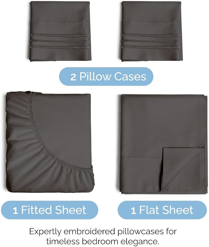 Queen Size 4 Piece Sheet Set - Comfy Breathable & Cooling Sheets - Hotel Luxury Bed Sheets for Women & Men - Deep Pockets, Easy-Fit, Extra Soft & Wrinkle Free Sheets - Charcoal Oeko-Tex Bed Sheet Set - LeafyLoom