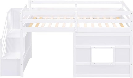 Twin Size Low Loft Bed with Storage Staircase,Kids Loft Bed Twin with Window,Space-Saving Low Loft Bed Frame for for Teens, Boys, Girls,White - LeafyLoom