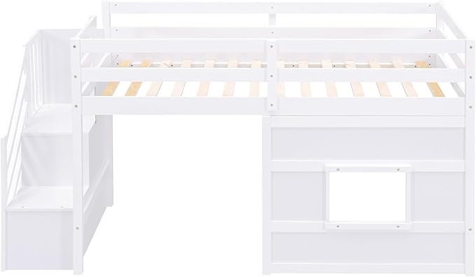 Twin Size Low Loft Bed with Storage Staircase,Kids Loft Bed Twin with Window,Space-Saving Low Loft Bed Frame for for Teens, Boys, Girls,White - LeafyLoom