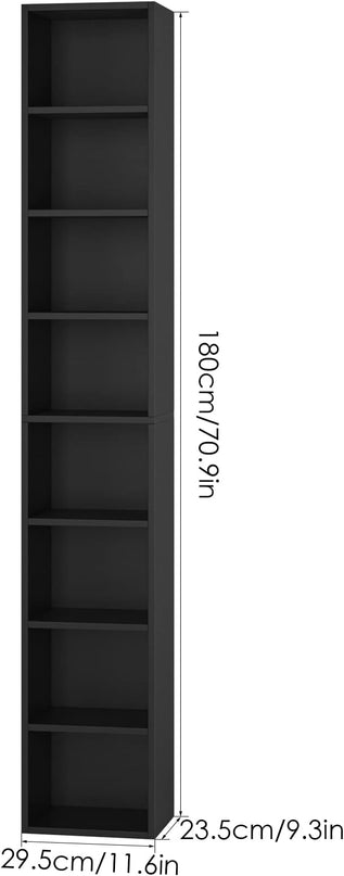 FOTOSOK 8-Tier Media Tower Rack, 11.6 X 9.3 X 70.9 Inches CD DVD Slim Storage Cabinet with Adjustable Shelves, Tall Narrow Bookcase Display Bookshelf for Home Office, Black - LeafyLoom