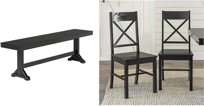 Walker Edison 3 Person Modern Farmhouse Wood Armless Kitchen Table Set Dining Chairs, 60 Inch, Black & Modern Farmhouse Wood X-Back Armless Dining Chairs Kitchen, Set of 2, Black - LeafyLoom