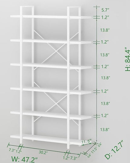 HSH 6 Tier Tall White Bookshelf, Industrial Modern Vertical Metal and Wood White Bookcases 6 Shelf,Farmhouse Open Large Storage Book Shelves & Display Book Shelf for Bedroom Living Room Office - LeafyLoom