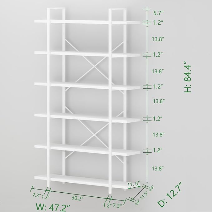 HSH 6 Tier Tall White Bookshelf, Industrial Modern Vertical Metal and Wood White Bookcases 6 Shelf,Farmhouse Open Large Storage Book Shelves & Display Book Shelf for Bedroom Living Room Office - LeafyLoom