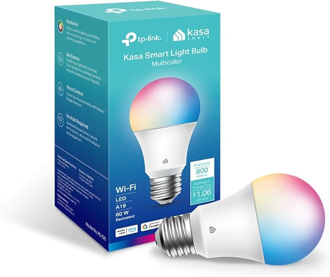 New Kasa Smart Bulb, Full Color Changing Dimmable Smart WiFi Light Bulb Compatible with Alexa and Google Home, A19, 9W 800 Lumens,2.4Ghz only, No Hub Required, 1-Pack (KL125), Multicolor KasaSmartbyTP-Link