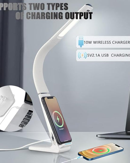 LED Desk Lamp with USB Charging Port, 10W wireless charger, Stepless dimmable, 3 Color Modes, Desk Lights for Home Office, Office Desk Lamp Eye Caring Reading Light, Gesture Control Table Lamp - LeafyLoom