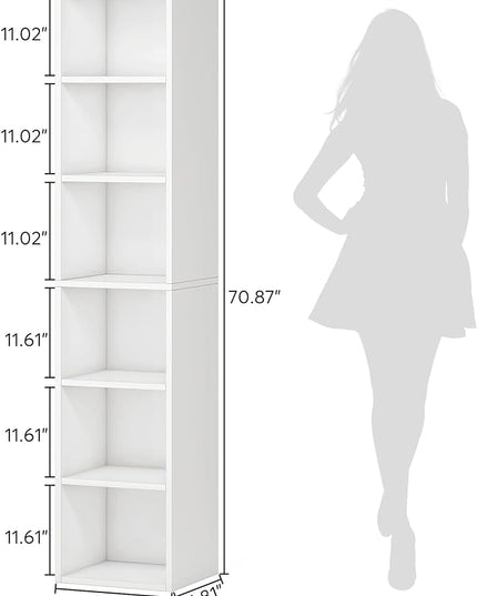 70.9 Inch Tall Narrow Bookcase, Corner Bookshelf 6 Tier Cube Display Shelf Storage Organizer for Small Space, White - LeafyLoom