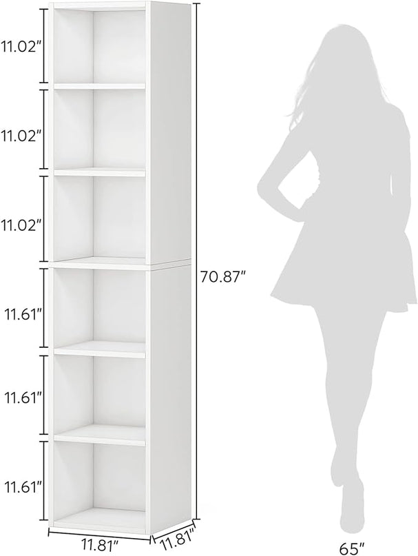 70.9 Inch Tall Narrow Bookcase, Corner Bookshelf 6 Tier Cube Display Shelf Storage Organizer for Small Space, White - LeafyLoom