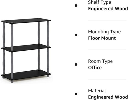 Furinno Turn-N-Tube 3-Tier Compact Multipurpose Shelf Display Rack with Classic Tube, Black/Grey - LeafyLoom