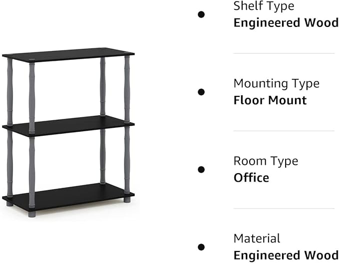 Furinno Turn-N-Tube 3-Tier Compact Multipurpose Shelf Display Rack with Classic Tube, Black/Grey - LeafyLoom