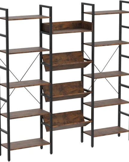 IRONCK Bookcases and Bookshelves Triple Wide 5 Tiers Industrial Bookshelf, Large Etagere Bookshelf Open Record Player Shelves with Metal Frame for Living Room Home Office - LeafyLoom