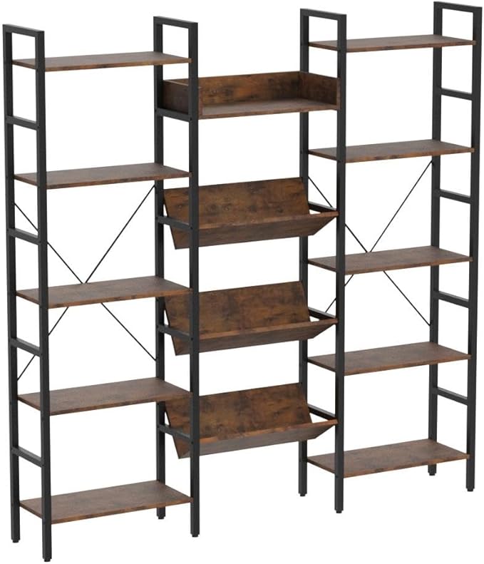 IRONCK Bookcases and Bookshelves Triple Wide 5 Tiers Industrial Bookshelf, Large Etagere Bookshelf Open Record Player Shelves with Metal Frame for Living Room Home Office - LeafyLoom