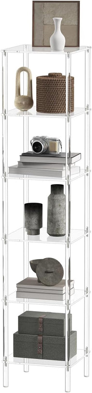 6 Tier Square Acrylic Bookshelf, Small Bookcase with Acrylic Fittings for Fixing to Wall, Corner Display Shelf for Living Room, Bedroom, Bathroom, Small Spaces, Clear, 11.6'' W x 53.9'' H - LeafyLoom