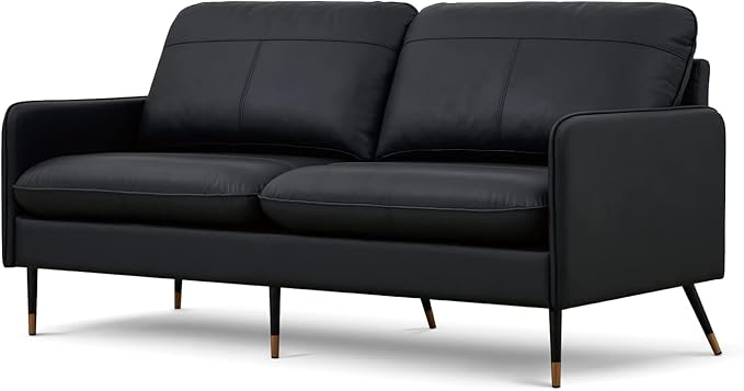67" Genuine Leather Sofa, Top-Grain 2 Seater Loveseat Couch, Mid-Century Modern Upholstered Sofa for Living Room Bedroom Apartment Office, Black - LeafyLoom