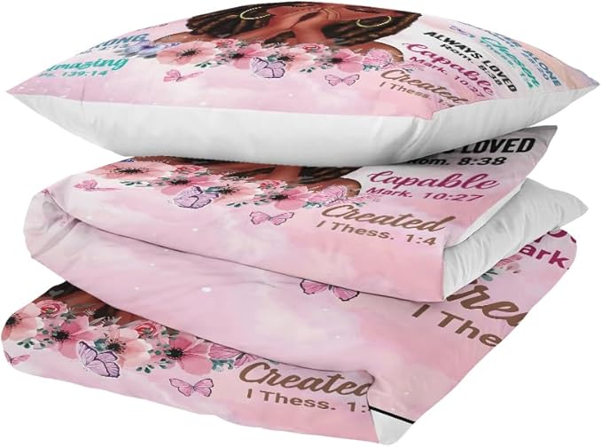 Kids Comforter Sets Queen Size, Prayer Girl and African American Girl Inspirational Quotes with Floral Butterfly, Teens Bedding Sets for Girls Women (Queen, Pink White) - LeafyLoom