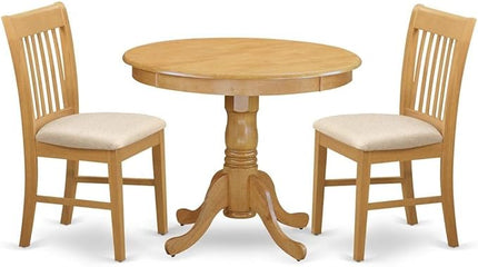 East West Furniture ANNO3-OAK-C 3 Piece Kitchen Set for Small Spaces Contains a Round Dining Room Table with Pedestal and 2 Linen Fabric Upholstered Chairs, 36x36 Inch - LeafyLoom