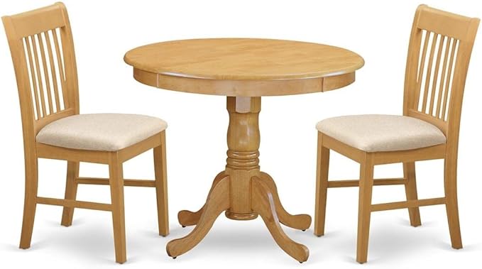 East West Furniture ANNO3-OAK-C 3 Piece Kitchen Set for Small Spaces Contains a Round Dining Room Table with Pedestal and 2 Linen Fabric Upholstered Chairs, 36x36 Inch - LeafyLoom