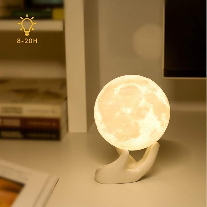 Moon Lamp - Unique Gift - 3D Print 3 Colors (Warn, Cool & Harvest) Lunar Lamp - Rechargeable and Touch Control Brightness (8cm) - LeafyLoom