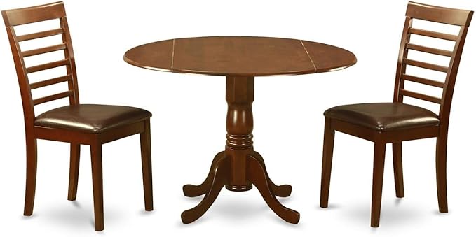 East West Furniture DLML3-MAH-LC 3 Piece Room Furniture Set Contains a Round Kitchen Table with Dropleaf and 2 Faux Leather Upholstered Dining Chairs, 42x42 Inch - LeafyLoom