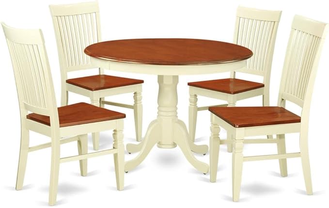 East West Furniture HLWE5-BMK-W Hartland 5 Piece Room Set Includes a Round Kitchen Table with Pedestal and 4 Dining Chairs, 42x42 Inch - LeafyLoom