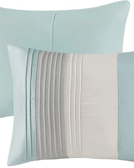 Madison Park Amherst Faux Silk Comforter Set-Casual Contemporary Design All Season Down Alternative Bedding, Matching Shams, Bedskirt, Decorative Pillows, King(104"x92"), Aqua, 7 Piece (MP10-2980) - LeafyLoom