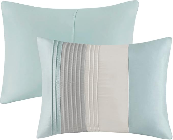 Madison Park Amherst Faux Silk Comforter Set-Casual Contemporary Design All Season Down Alternative Bedding, Matching Shams, Bedskirt, Decorative Pillows, King(104"x92"), Aqua, 7 Piece (MP10-2980) - LeafyLoom