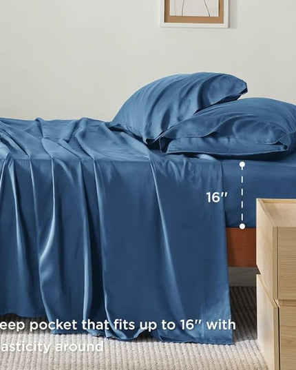 Bedsure King Size Sheet Set, Cooling Sheets King, Rayon Derived from Bamboo, Deep Pocket Up to 16", Breathable & Soft Bed Sheets, Hotel Luxury Silky Bedding Sheets & Pillowcases, Peacock Blue - LeafyLoom