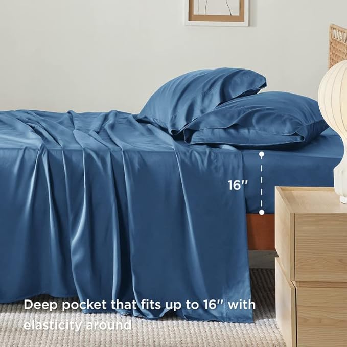 Bedsure King Size Sheet Set, Cooling Sheets King, Rayon Derived from Bamboo, Deep Pocket Up to 16", Breathable & Soft Bed Sheets, Hotel Luxury Silky Bedding Sheets & Pillowcases, Peacock Blue - LeafyLoom