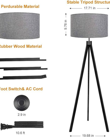 LEPOWER Wood Tripod Floor Lamp, Mid Century Standing Lamp, Modern Design Standing Lamp for Living Room, Bedroom, Study Room and Office, Flaxen Lamp Shade with E26 Lamp Base（Black） - LeafyLoom
