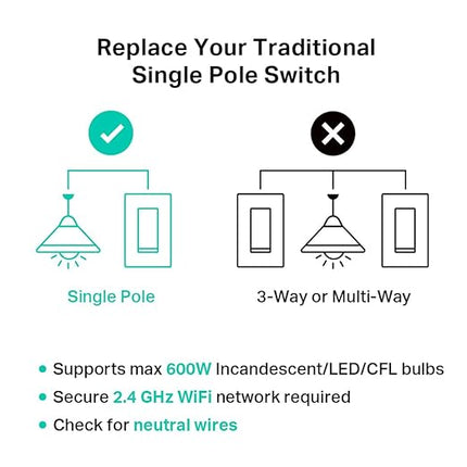Kasa Matter Smart Light Switch: Voice Control w/Siri, Alexa & Google Assistant | UL Certified | Timer & Schedule | Easy Guided Install | Neutral Wire Required | Single Pole | 2.4GHz Wi-Fi | KS205 KasaSmartbyTP-Link