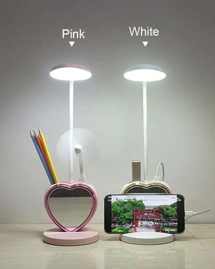 White Desk Lamp for Girls, 5 in 1 Cute Desk Lamp with Pencil Holder, Detachable Mirror, Mini Fan, Phone Holder, USB Charging Port, Eye-Caring Study Table Lamp for Teens Girls Women Dorm Reading - LeafyLoom