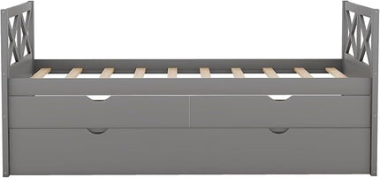 Twin Size Daybed with Storage Drawers and Trundle, Wood Twin Captains Bed frame for Bedroom and Living Room, Gray - LeafyLoom