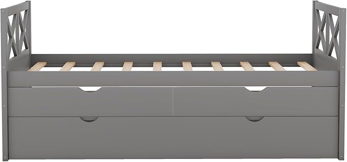 Twin Size Daybed with Storage Drawers and Trundle, Wood Twin Captains Bed frame for Bedroom and Living Room, Gray - LeafyLoom
